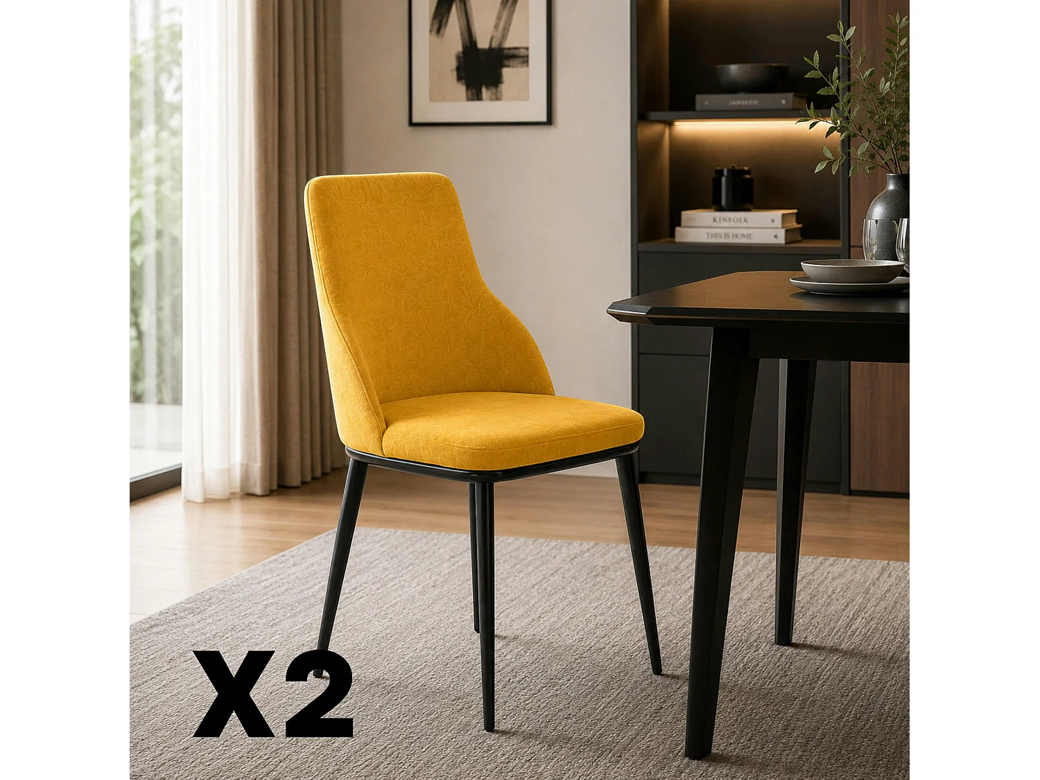Chaise tissu jaune pieds métal noir (x2) AUREN