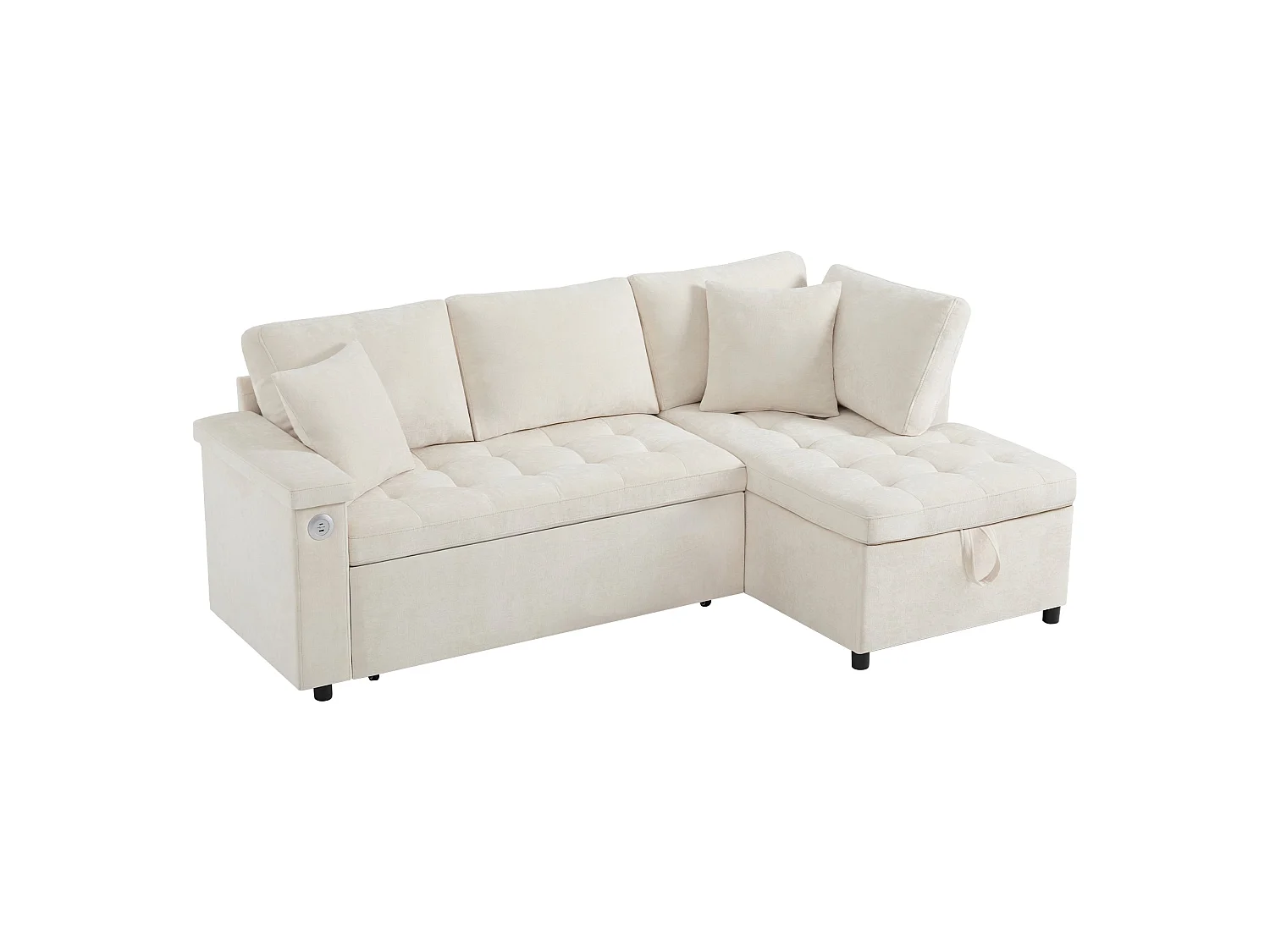 Canapé d'angle convertible, chargeur USB, rangement et 2 coussins, en Tissu Chenille, beige