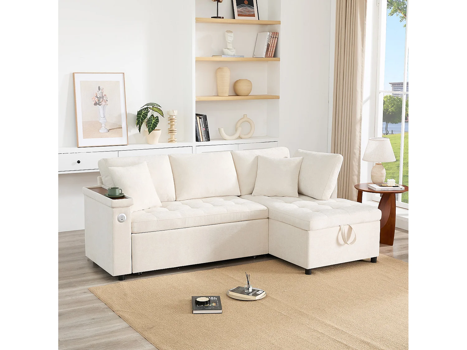 Canapé d'angle convertible, chargeur USB, rangement et 2 coussins, en Tissu Chenille, beige