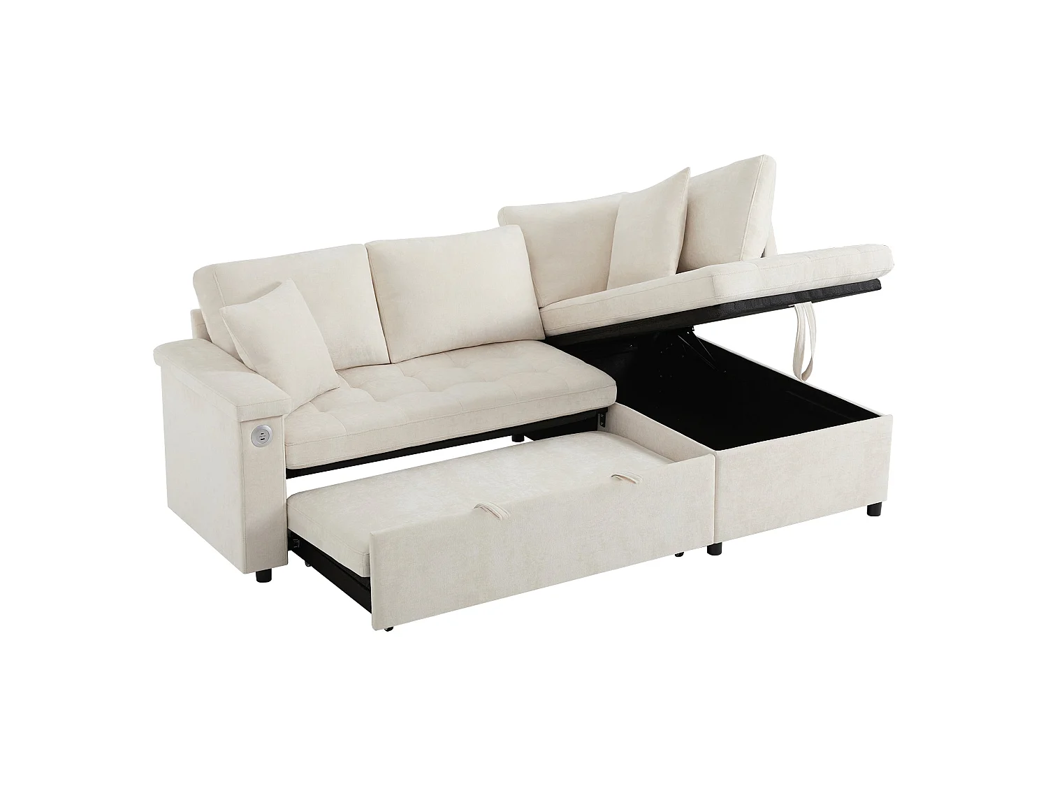 Canapé d'angle convertible, chargeur USB, rangement et 2 coussins, en Tissu Chenille, beige