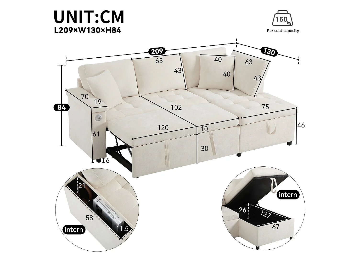 Canapé d'angle convertible, chargeur USB, rangement et 2 coussins, en Tissu Chenille, beige