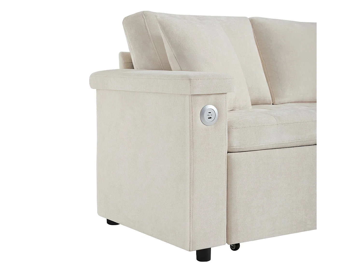 Canapé d'angle convertible, chargeur USB, rangement et 2 coussins, en Tissu Chenille, beige