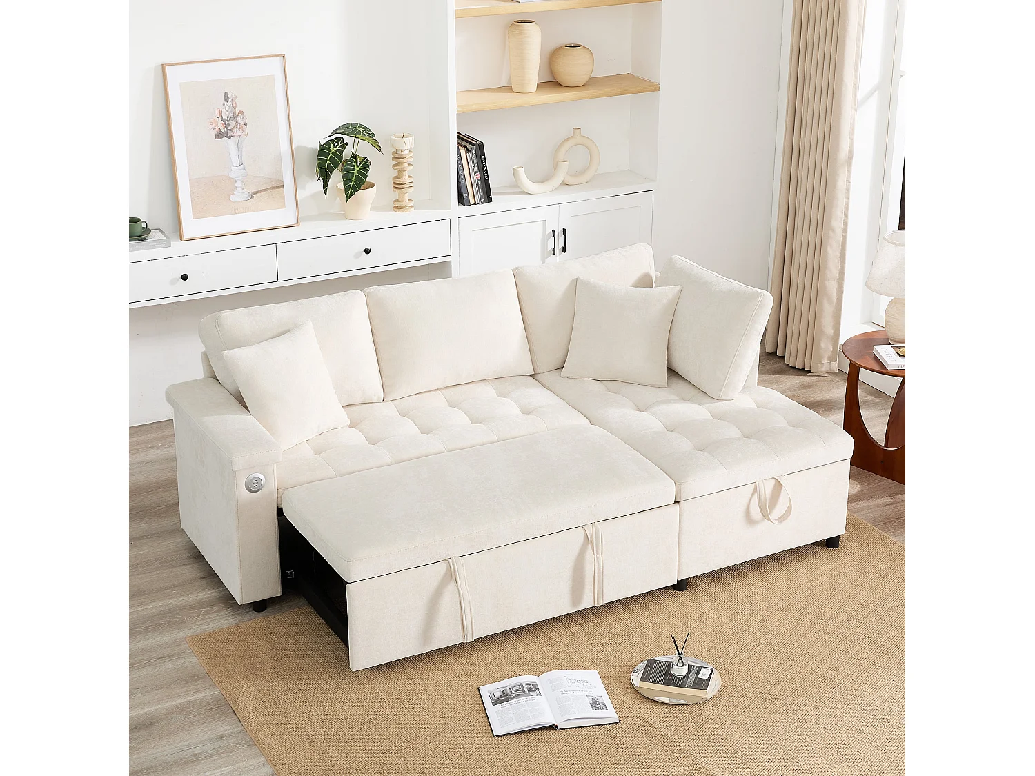 Canapé d'angle convertible, chargeur USB, rangement et 2 coussins, en Tissu Chenille, beige