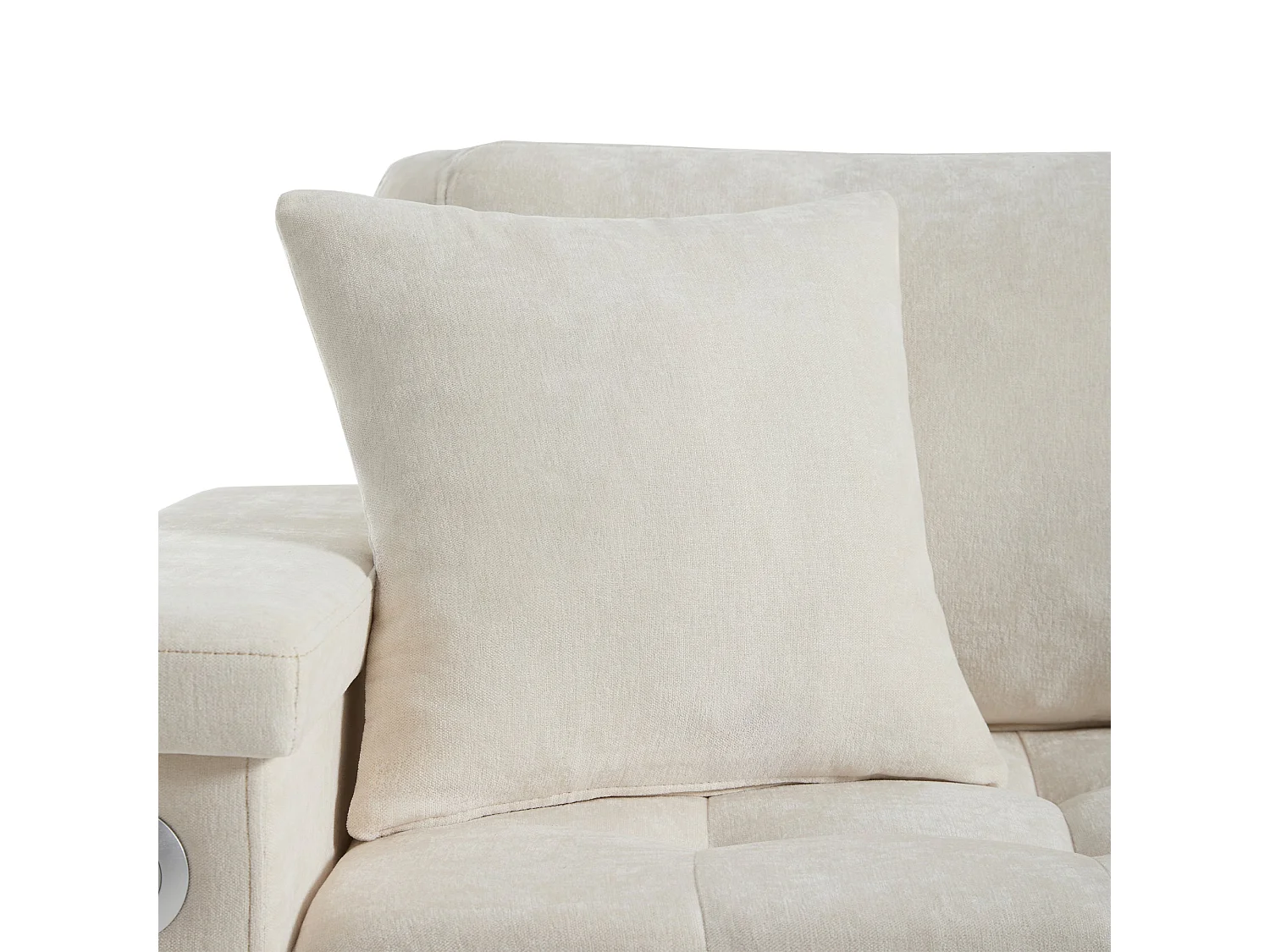 Canapé d'angle convertible, chargeur USB, rangement et 2 coussins, en Tissu Chenille, beige