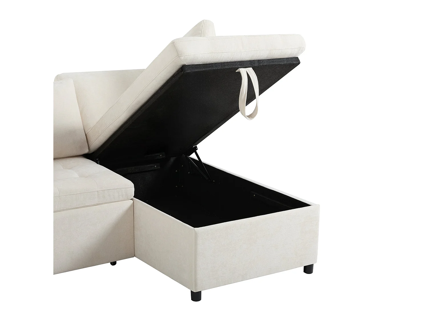 Canapé d'angle convertible, chargeur USB, rangement et 2 coussins, en Tissu Chenille, beige