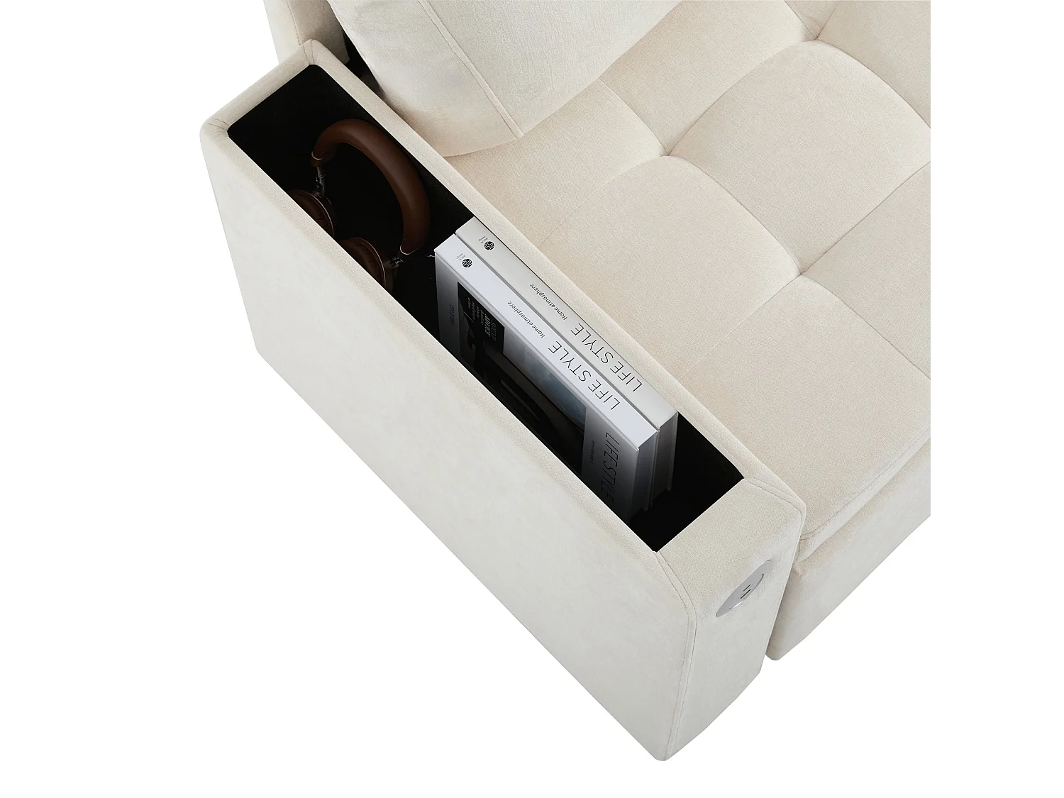 Canapé d'angle convertible, chargeur USB, rangement et 2 coussins, en Tissu Chenille, beige