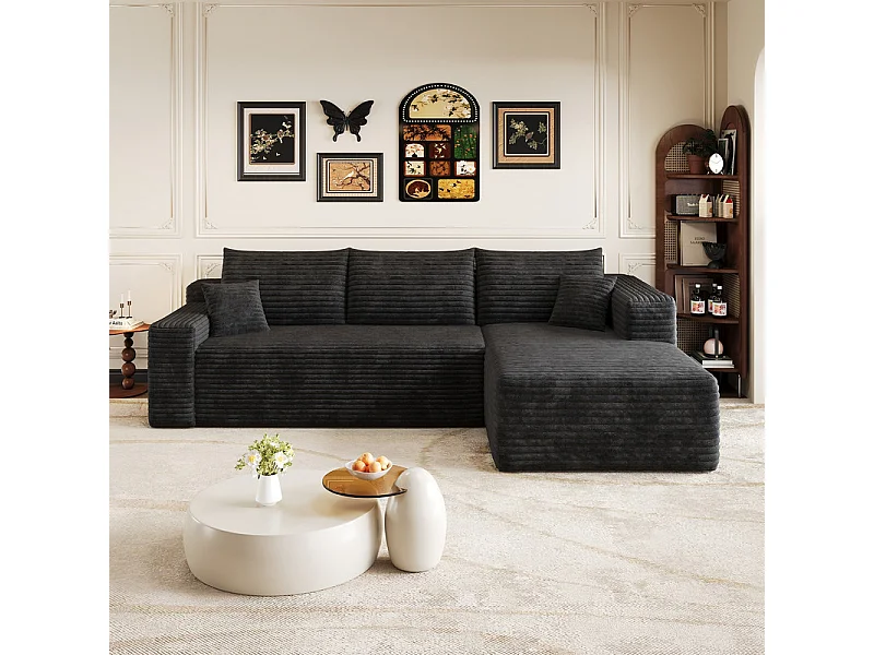 241cm Divano angolare destro in velluto a coste - 3 posti modulare con chaise - Nero