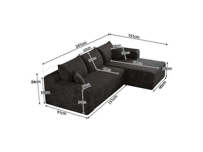 241cm Divano angolare destro in velluto a coste - 3 posti modulare con chaise - Nero