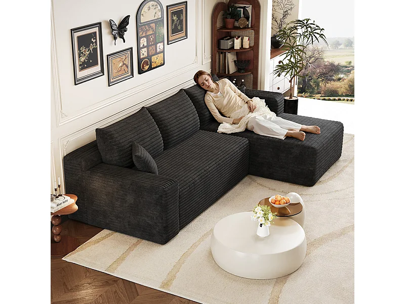 241cm Divano angolare destro in velluto a coste - 3 posti modulare con chaise - Nero