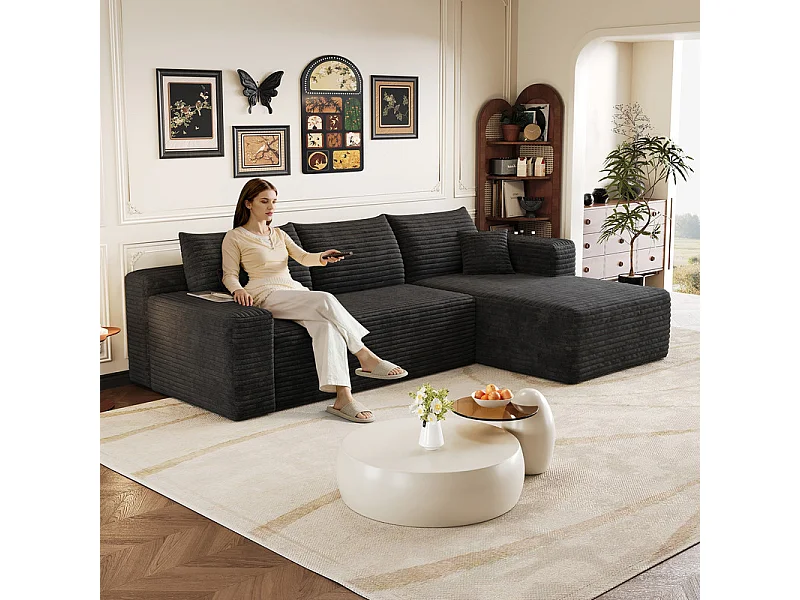 241cm Divano angolare destro in velluto a coste - 3 posti modulare con chaise - Nero