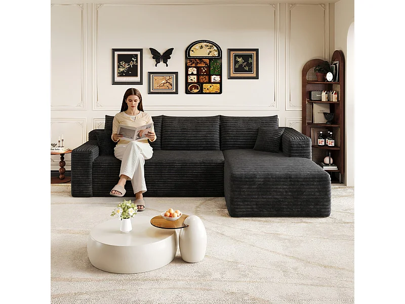 241cm Divano angolare destro in velluto a coste - 3 posti modulare con chaise - Nero