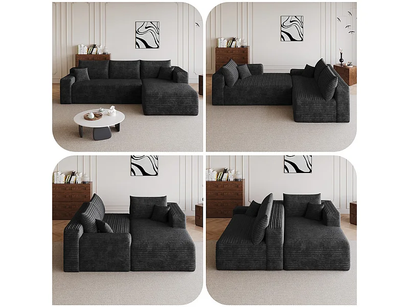 241cm Divano angolare destro in velluto a coste - 3 posti modulare con chaise - Nero