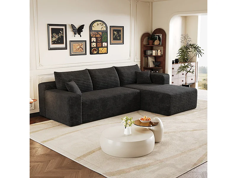 241cm Divano angolare destro in velluto a coste - 3 posti modulare con chaise - Nero