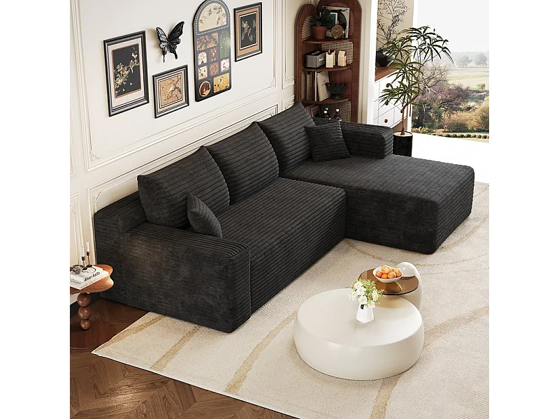 241cm Divano angolare destro in velluto a coste - 3 posti modulare con chaise - Nero