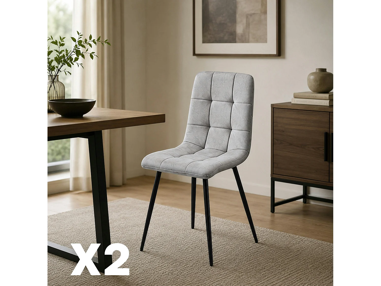 Chaise en tissu gris clair motif damier (lot de 2) LORA