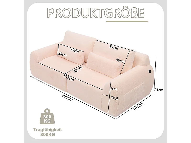 Divano 2 posti modulare con USB, in tessuto finto pelo di coniglio, 208x101x81cm, Rosa
