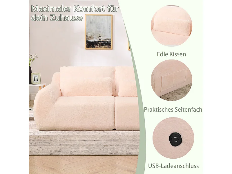 Divano 2 posti modulare con USB, in tessuto finto pelo di coniglio, 208x101x81cm, Rosa