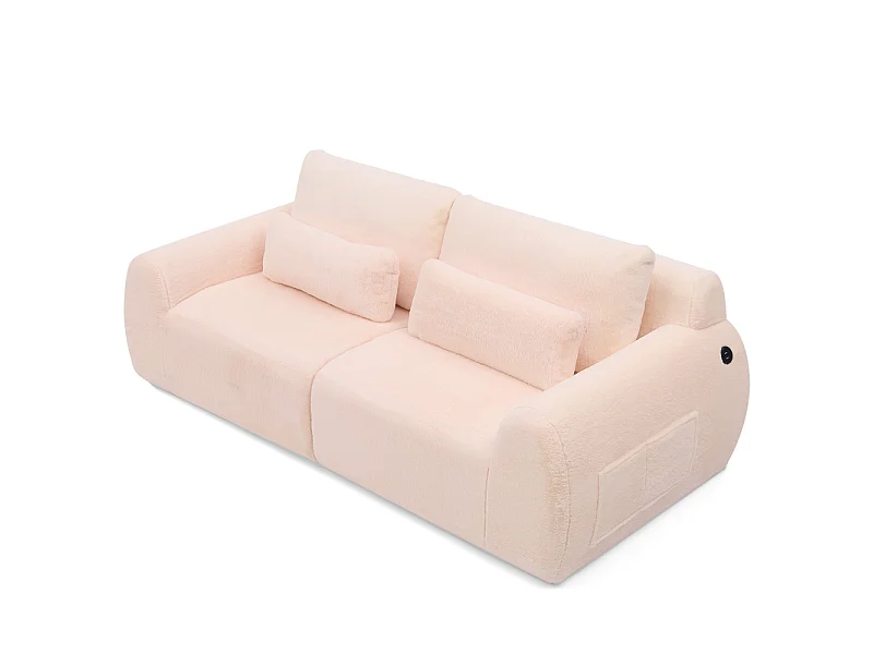 Sofá 2 plazas modular con USB, en tela de imitación piel de conejo, 208x101x81cm, Rosa