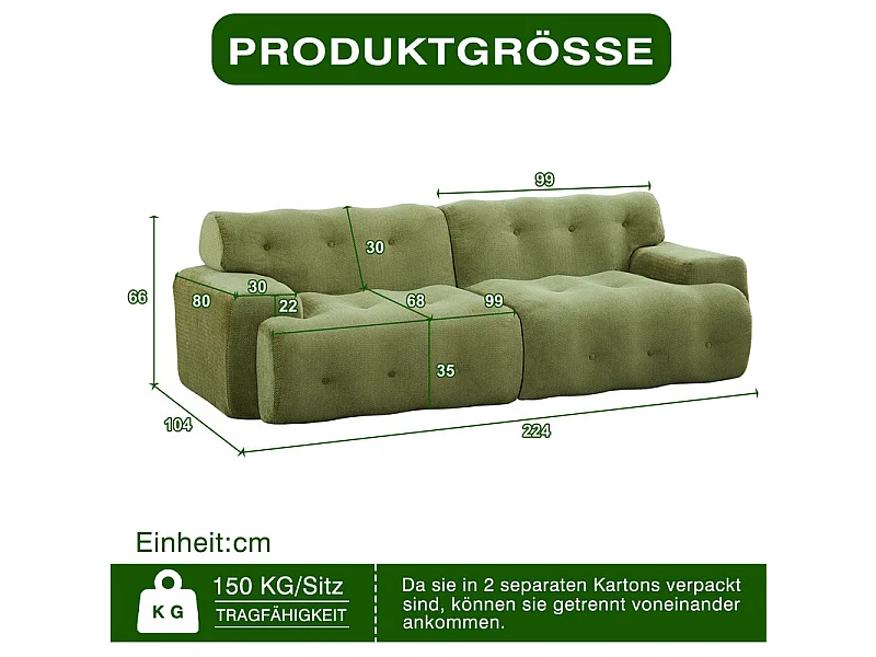 Divano modulare 2 posti in tessuto ciniglia, profondità seduta 68cm, 224×104×66cm, Verde