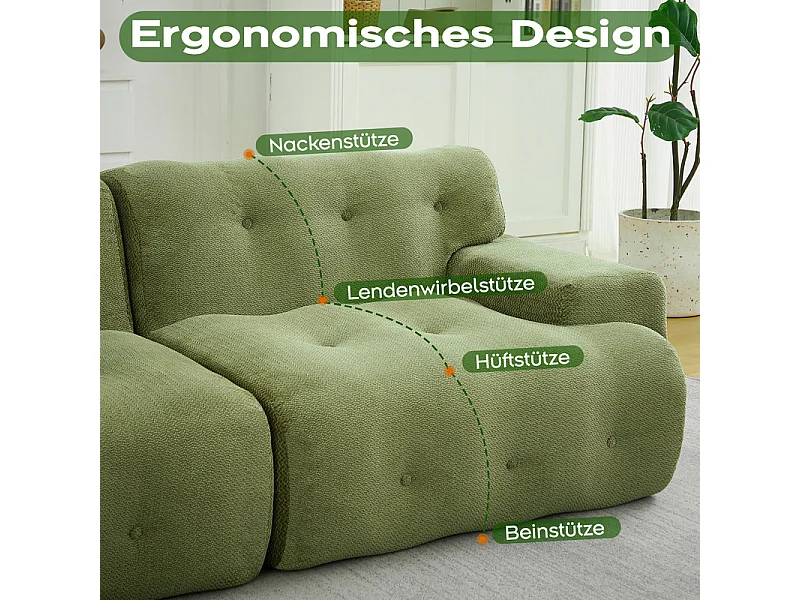 Divano modulare 2 posti in tessuto ciniglia, profondità seduta 68cm, 224×104×66cm, Verde