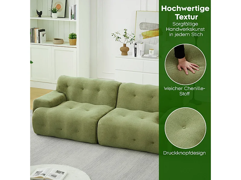 Divano modulare 2 posti in tessuto ciniglia, profondità seduta 68cm, 224×104×66cm, Verde