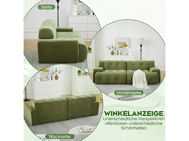 Divano modulare 2 posti in tessuto ciniglia, profondità seduta 68cm, 224×104×66cm, Verde
