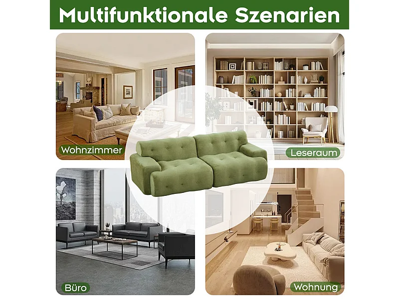 Divano modulare 2 posti in tessuto ciniglia, profondità seduta 68cm, 224×104×66cm, Verde