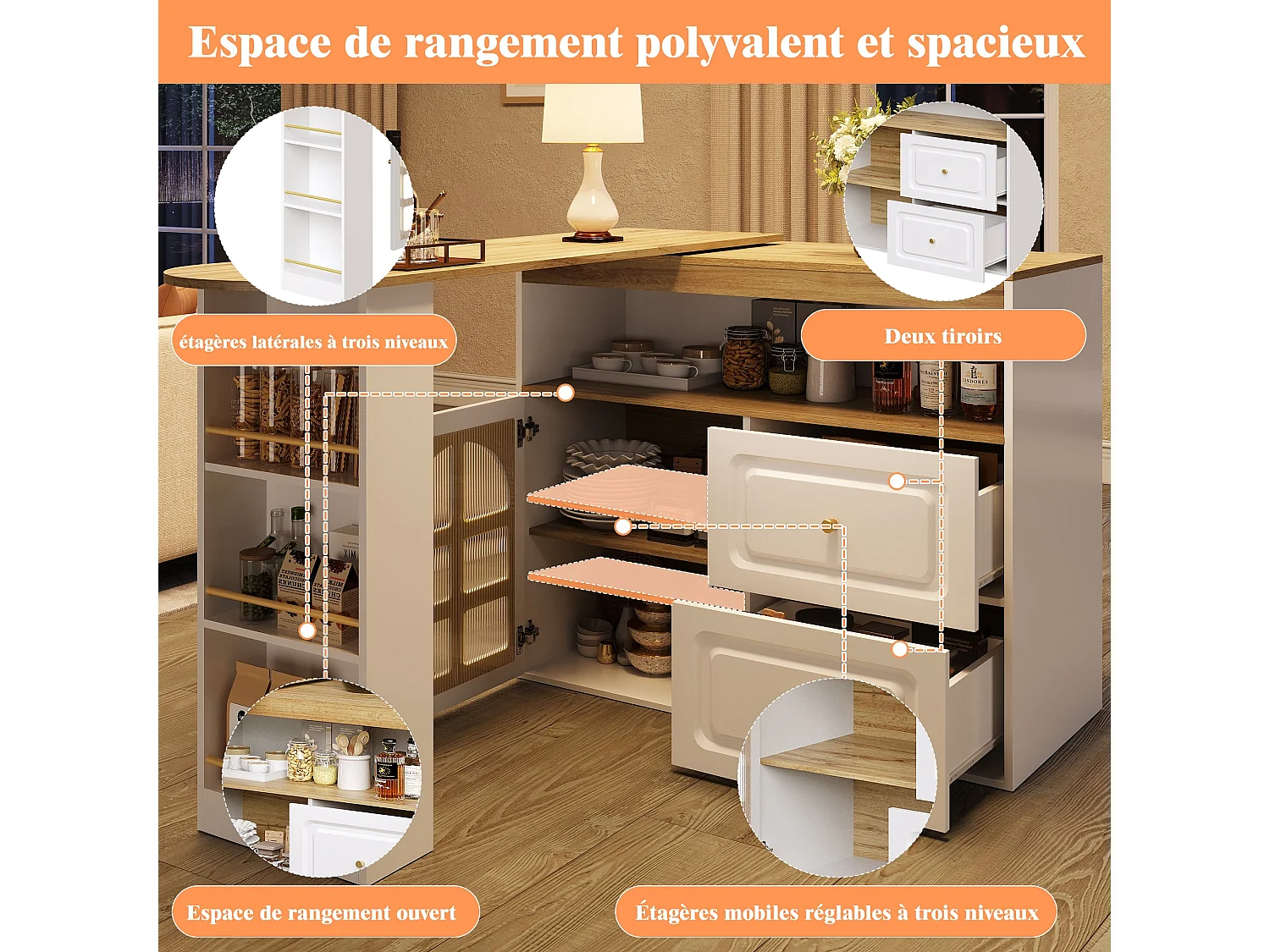 Ilot central de cuisine Rotation à 360°, 2 tiroirs, en MDF,Blanc et Naturel