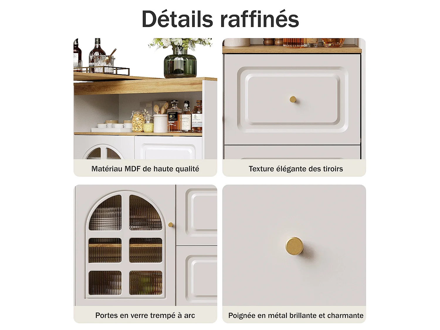 Ilot central de cuisine Rotation à 360°, 2 tiroirs, en MDF,Blanc et Naturel
