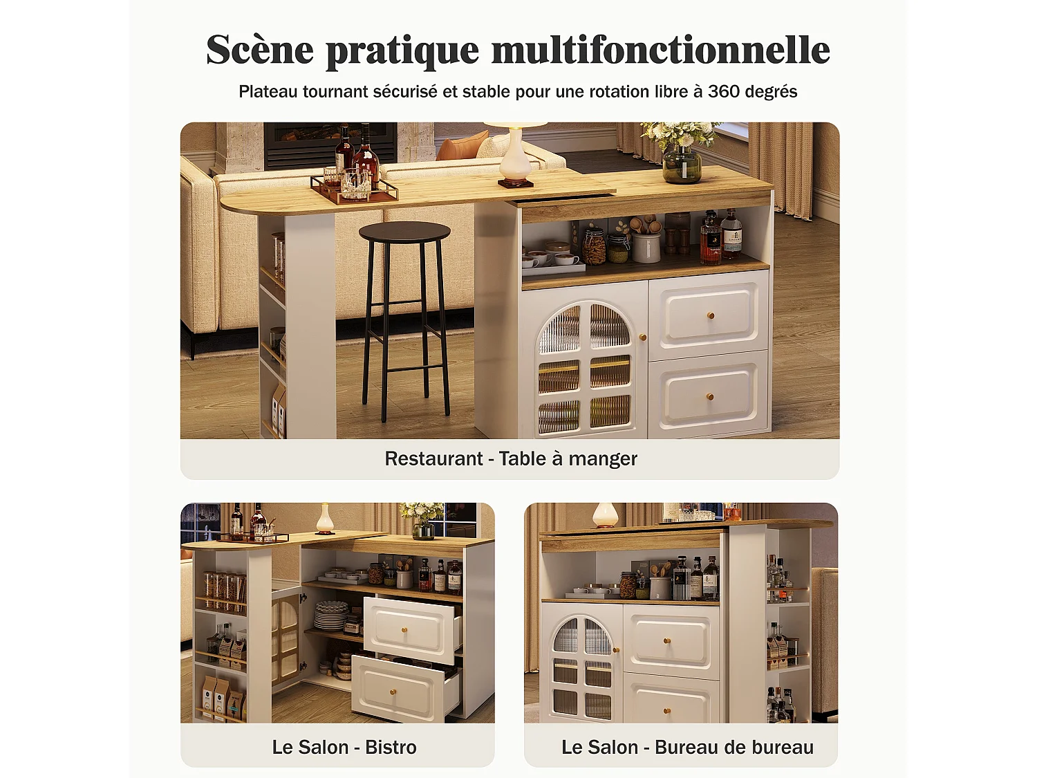 Ilot central de cuisine Rotation à 360°, 2 tiroirs, en MDF,Blanc et Naturel