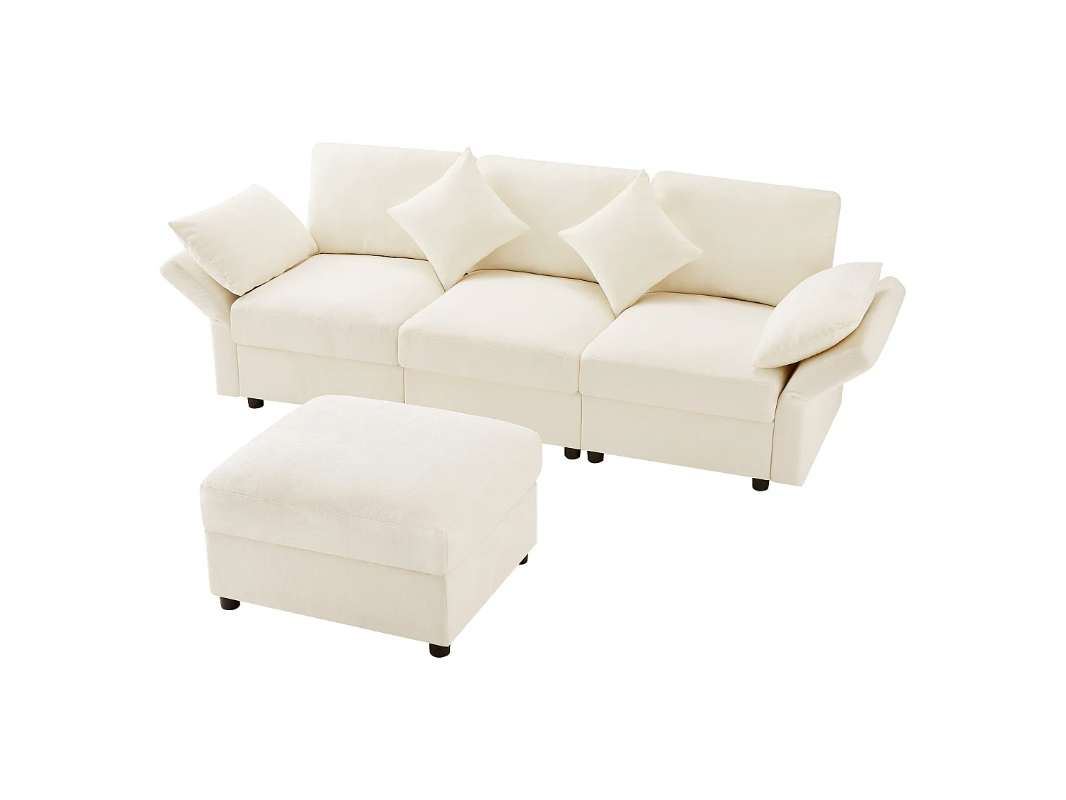 Canapé d'angle, avec 4 coussins, en tissu chenille, Beige