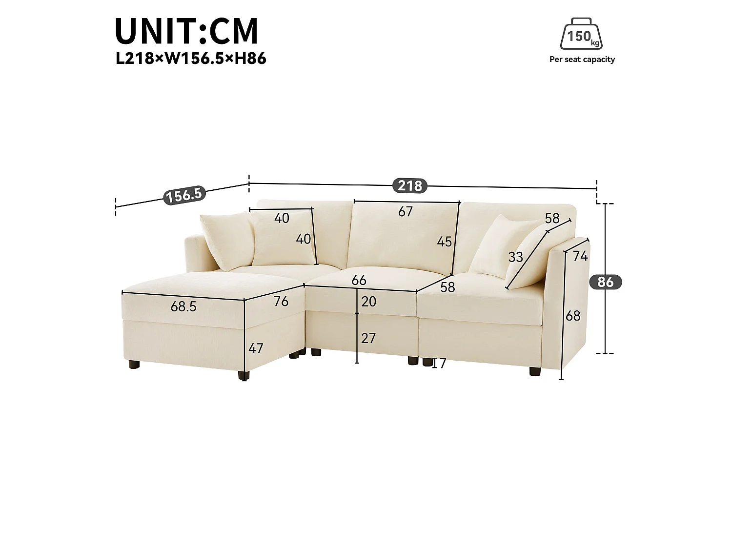 Canapé d'angle, avec 4 coussins, en tissu chenille, Beige