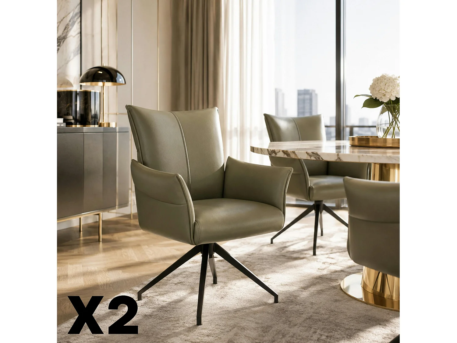 Fauteuil de table pivotant cuir vert (lot de 2) LOMBARDIE