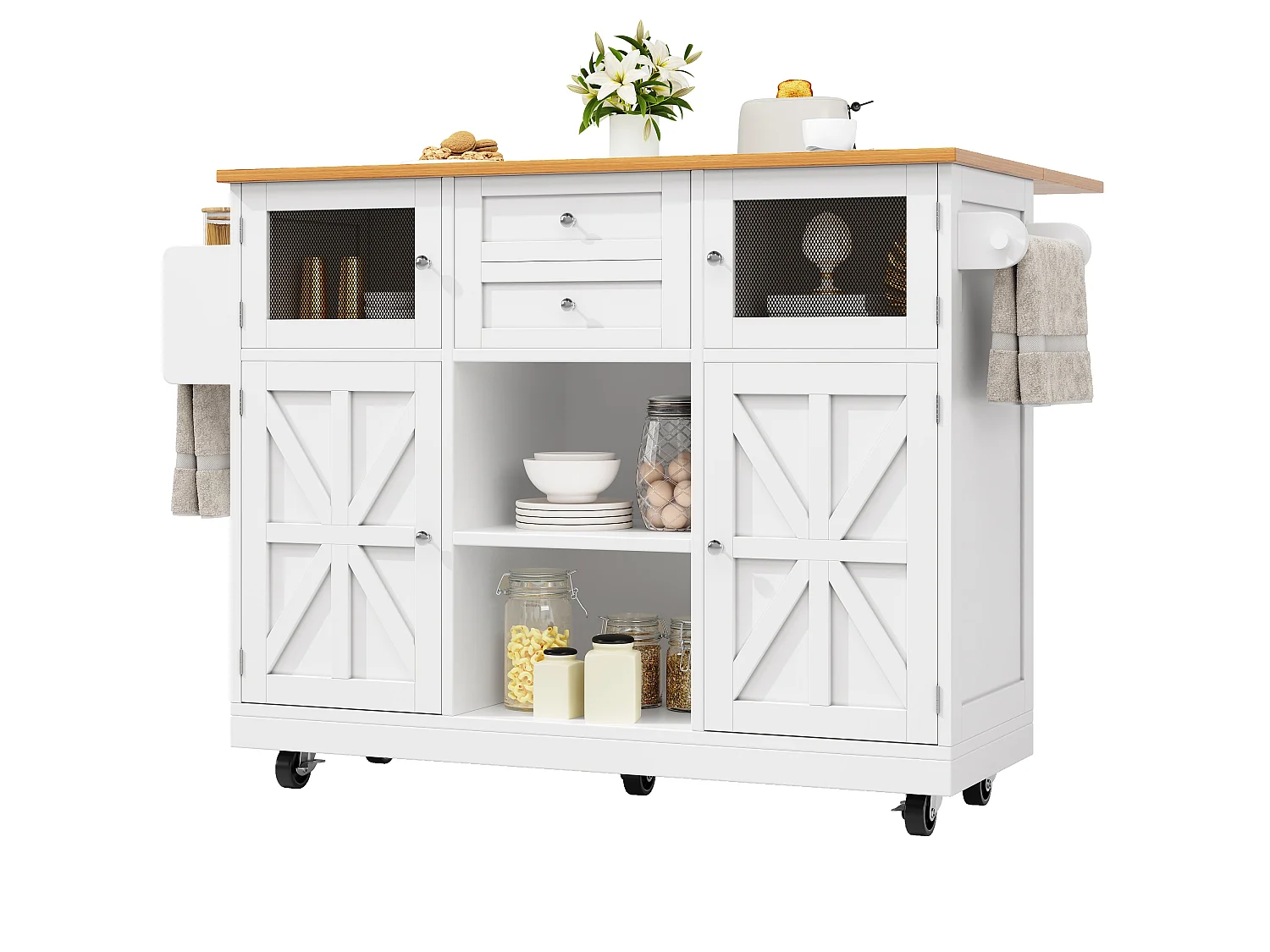 Ilot central de cuisine à roulettes, finition bois, en MDF,Blanc et Naturel