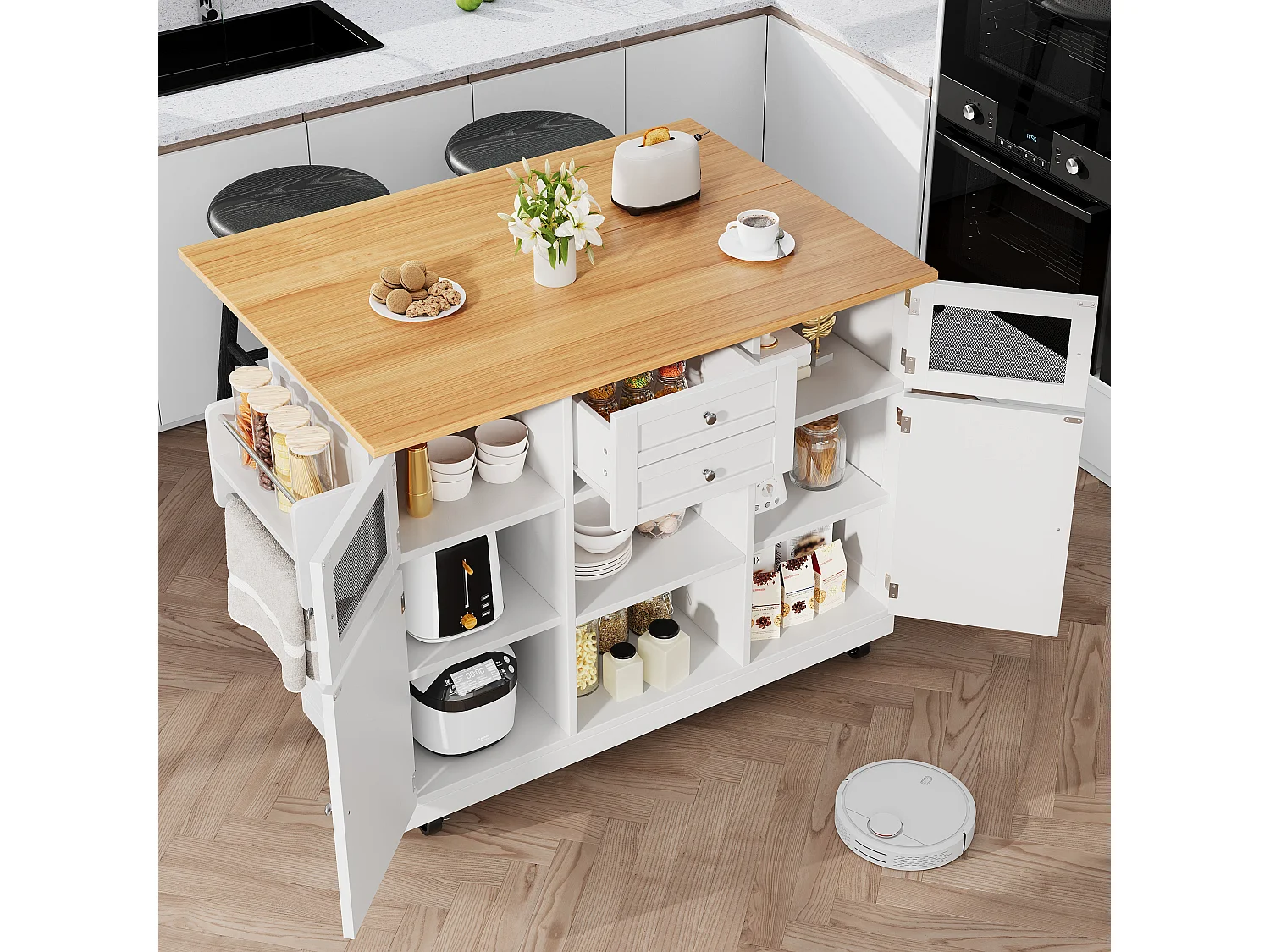 Ilot central de cuisine à roulettes, finition bois, en MDF,Blanc et Naturel