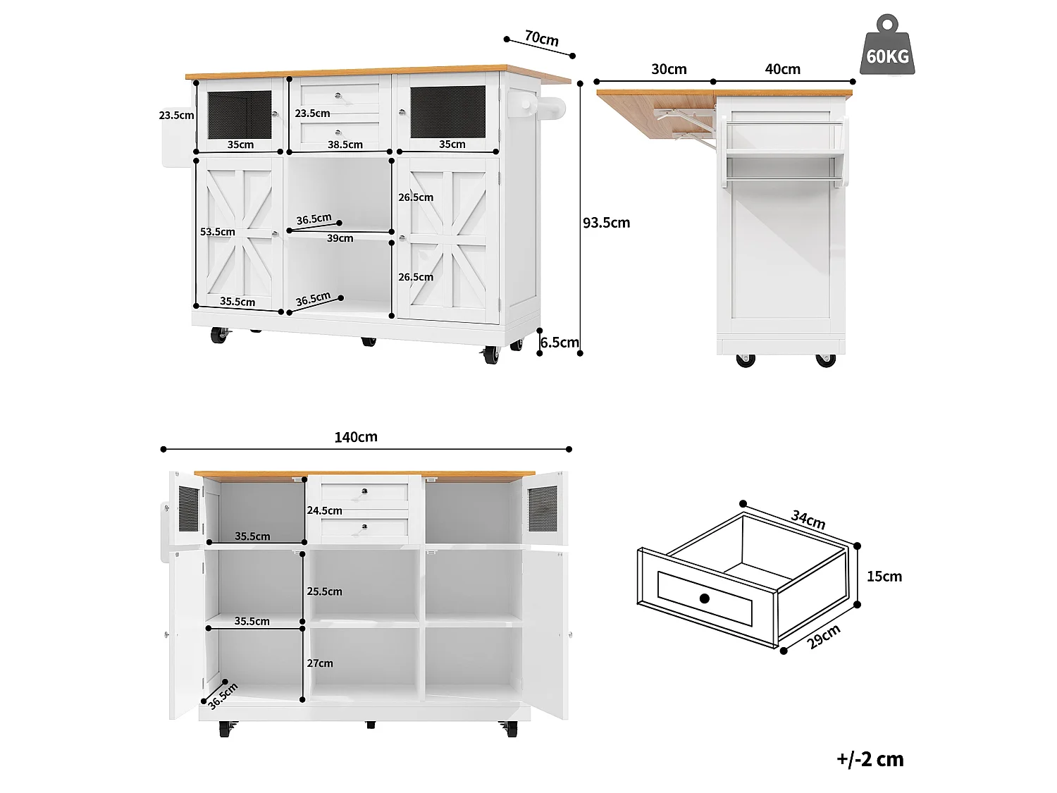 Ilot central de cuisine à roulettes, finition bois, en MDF,Blanc et Naturel