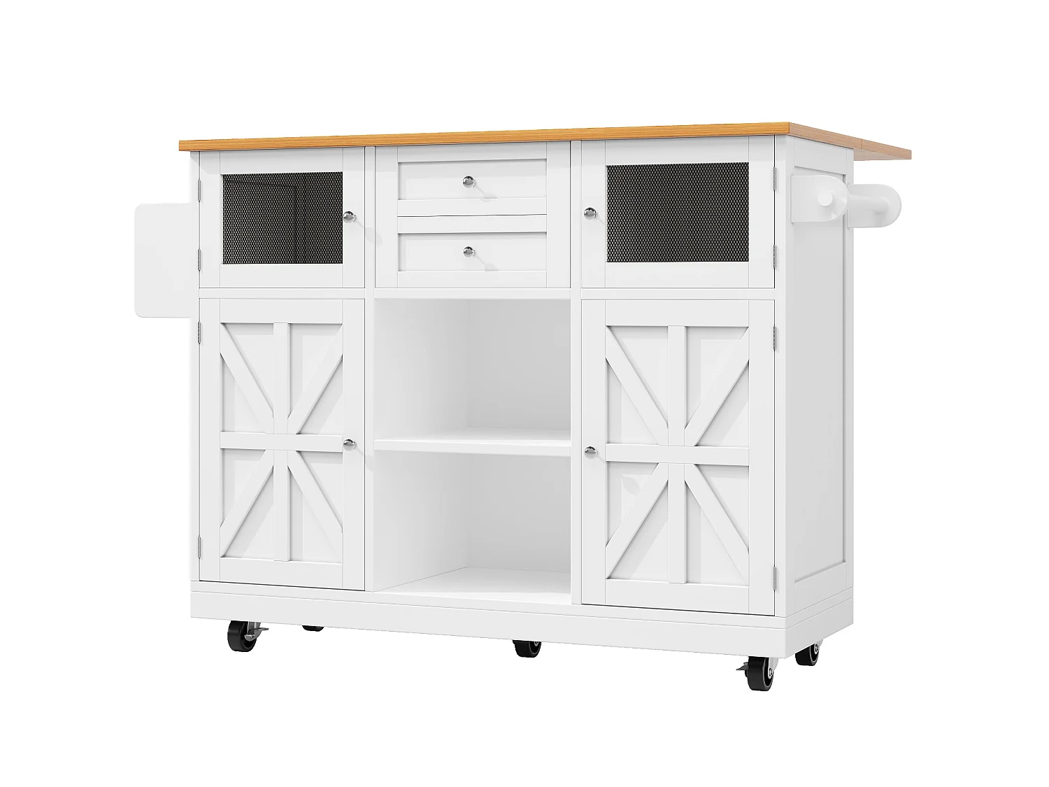 Ilot central de cuisine à roulettes, finition bois, en MDF,Blanc et Naturel