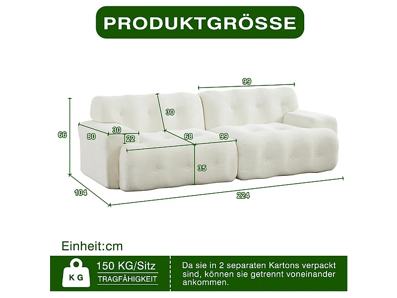Divano modulare 2 posti in tessuto ciniglia, profondità seduta 68cm, 224×104×66cm, Beige