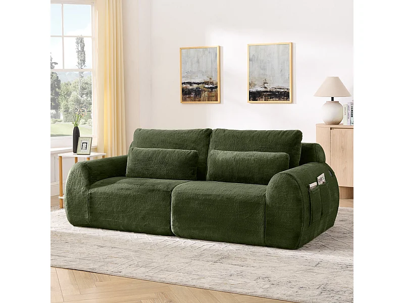 Divano 2 posti modulare con USB, in tessuto finto pelo di coniglio, 208x101x81cm, Verde