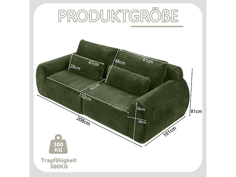 Divano 2 posti modulare con USB, in tessuto finto pelo di coniglio, 208x101x81cm, Verde