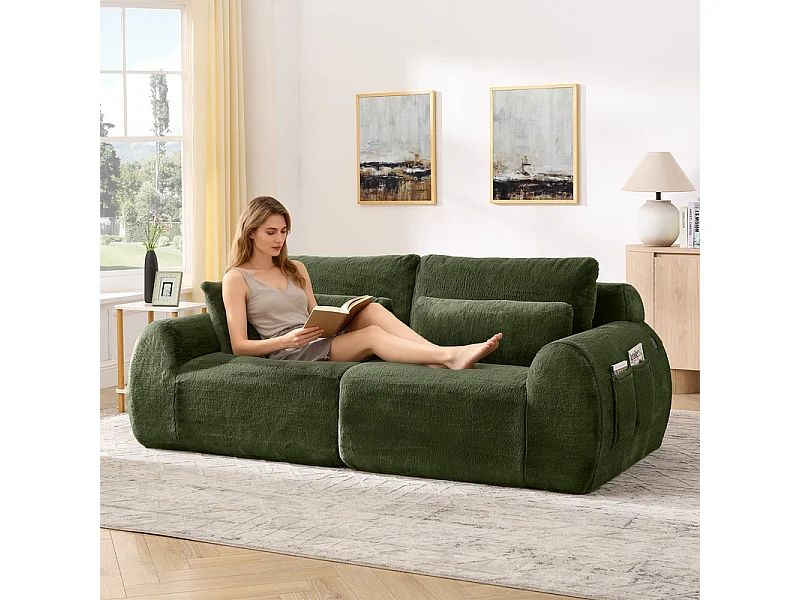 Divano 2 posti modulare con USB, in tessuto finto pelo di coniglio, 208x101x81cm, Verde