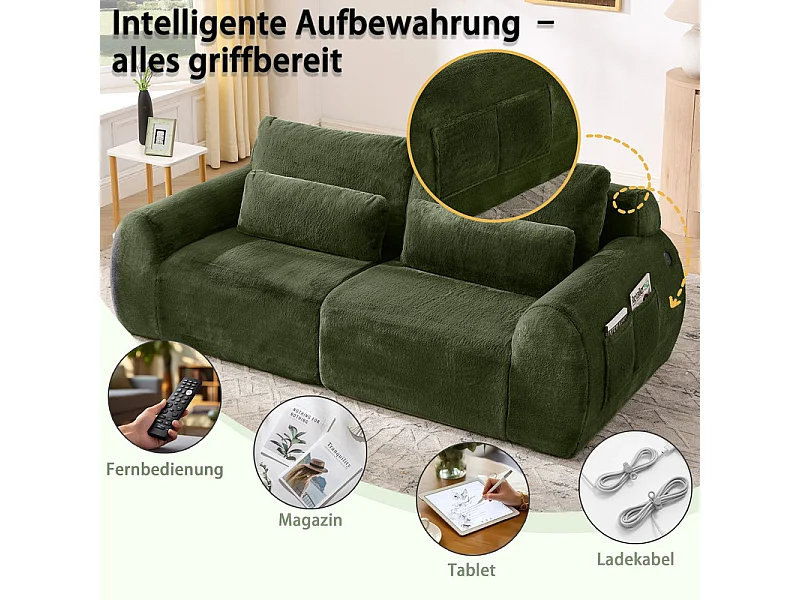 Divano 2 posti modulare con USB, in tessuto finto pelo di coniglio, 208x101x81cm, Verde
