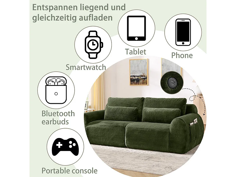 Divano 2 posti modulare con USB, in tessuto finto pelo di coniglio, 208x101x81cm, Verde