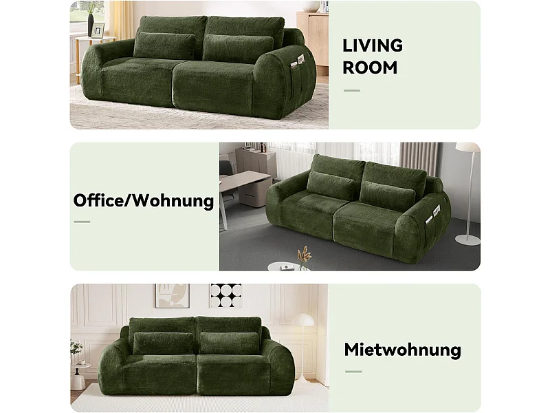 Divano 2 posti modulare con USB, in tessuto finto pelo di coniglio, 208x101x81cm, Verde