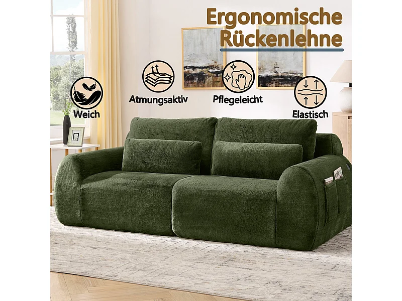 Divano 2 posti modulare con USB, in tessuto finto pelo di coniglio, 208x101x81cm, Verde