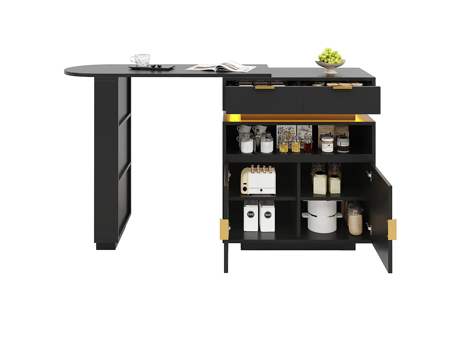 Ilot Central de cuisine mobile extensible, 2 portes, 2 tiroirséclairage, LED, rotation à 360°, en MDF - Noir