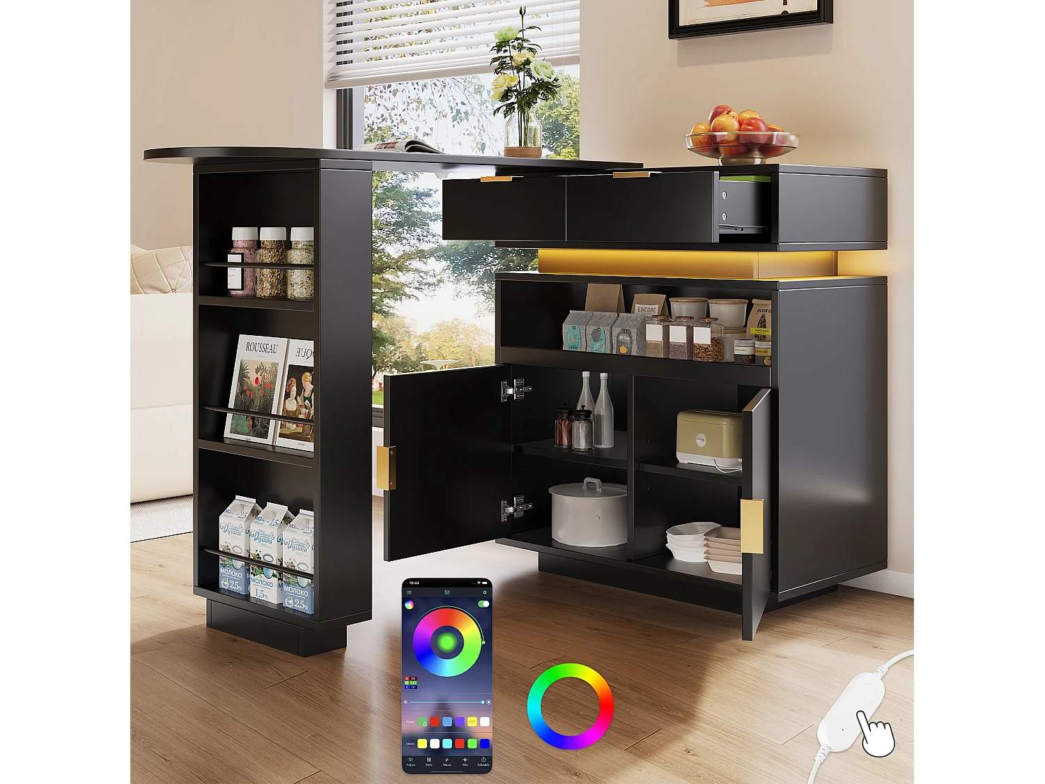 Ilot Central de cuisine mobile extensible, 2 portes, 2 tiroirséclairage, LED, rotation à 360°, en MDF - Noir