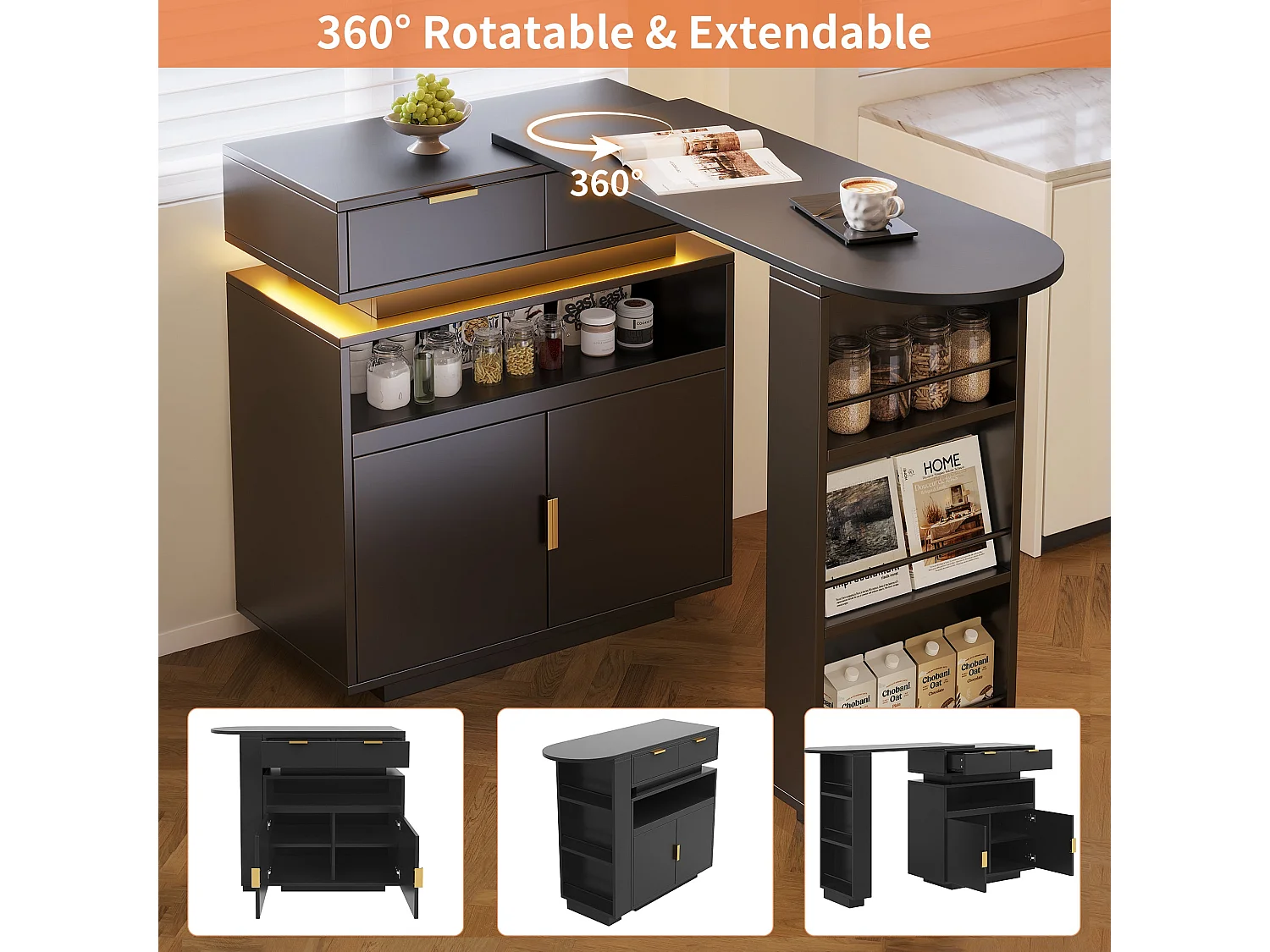 Ilot Central de cuisine mobile extensible, 2 portes, 2 tiroirséclairage, LED, rotation à 360°, en MDF - Noir