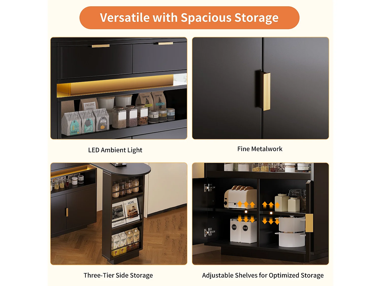 Ilot Central de cuisine mobile extensible, 2 portes, 2 tiroirséclairage, LED, rotation à 360°, en MDF - Noir