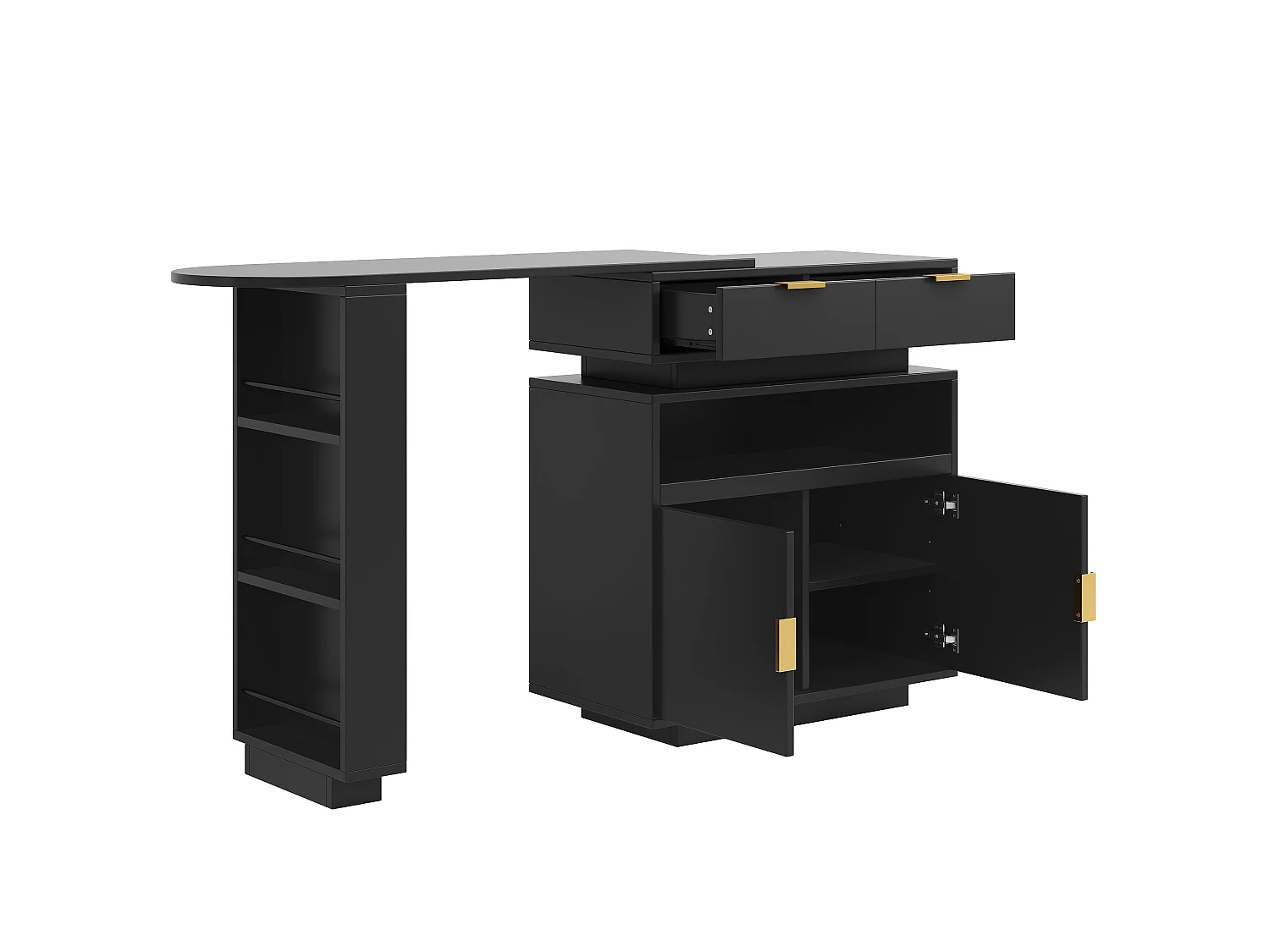 Ilot Central de cuisine mobile extensible, 2 portes, 2 tiroirséclairage, LED, rotation à 360°, en MDF - Noir